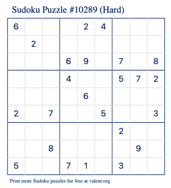 Free Printable Hard Sudoku Puzzle number 10289