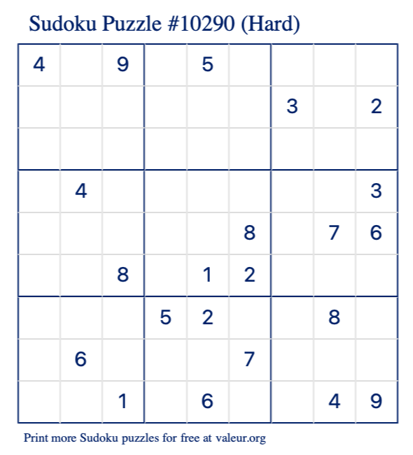 Free Printable Hard Sudoku Puzzle number 10290