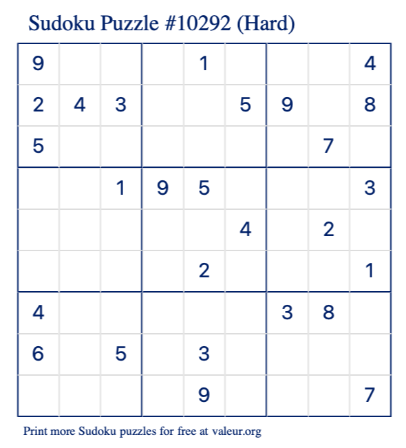 Free Printable Hard Sudoku Puzzle number 10292