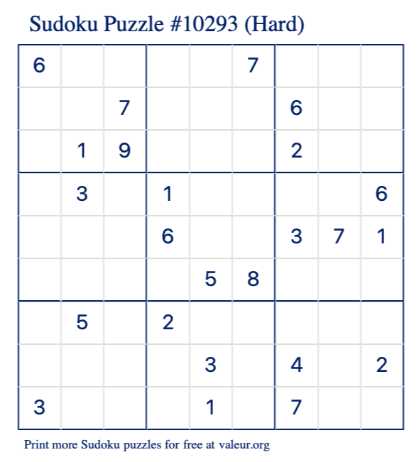 Free Printable Hard Sudoku Puzzle number 10293