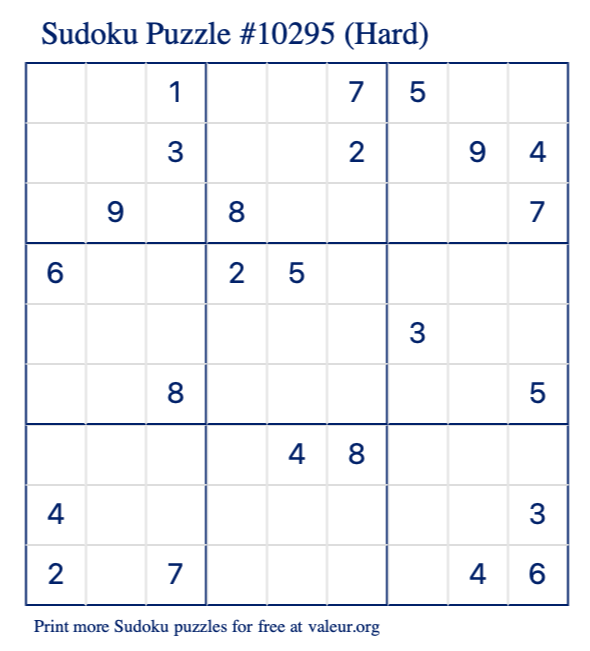Free Printable Hard Sudoku Puzzle number 10295