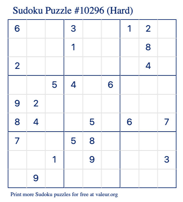 Free Printable Hard Sudoku Puzzle number 10296