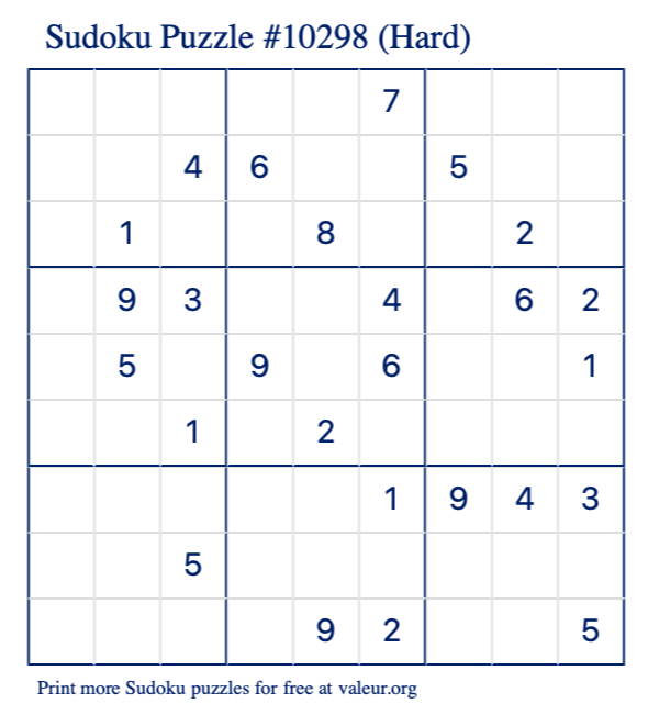 Free Printable Hard Sudoku Puzzle number 10298