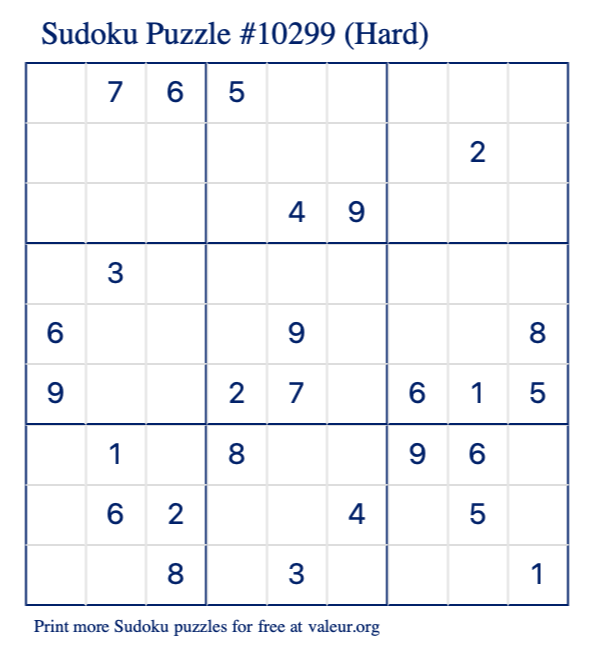 Free Printable Hard Sudoku Puzzle number 10299