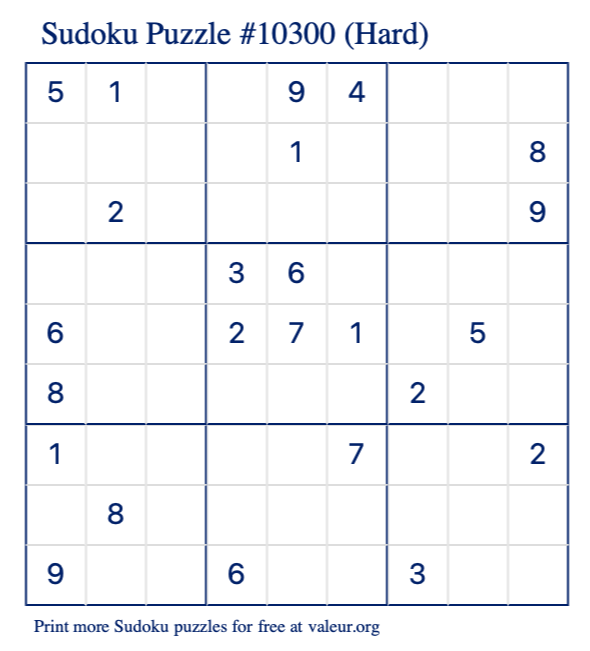 Free Printable Hard Sudoku Puzzle number 10300
