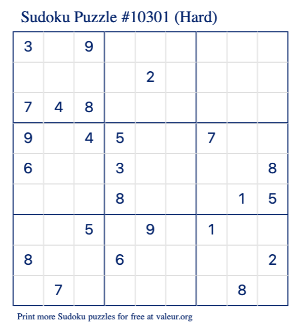 Free Printable Hard Sudoku Puzzle number 10301