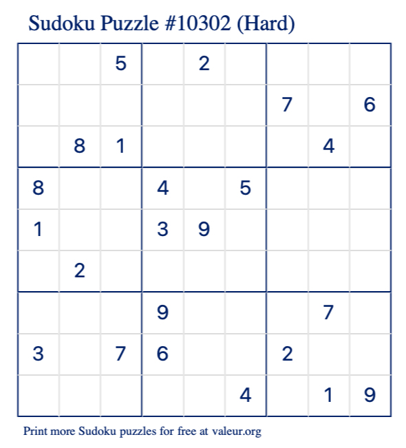 Free Printable Hard Sudoku Puzzle number 10302