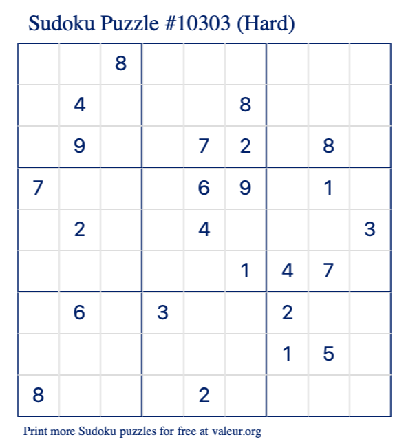 Free Printable Hard Sudoku Puzzle number 10303