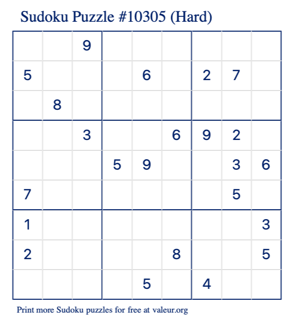 Free Printable Hard Sudoku Puzzle number 10305