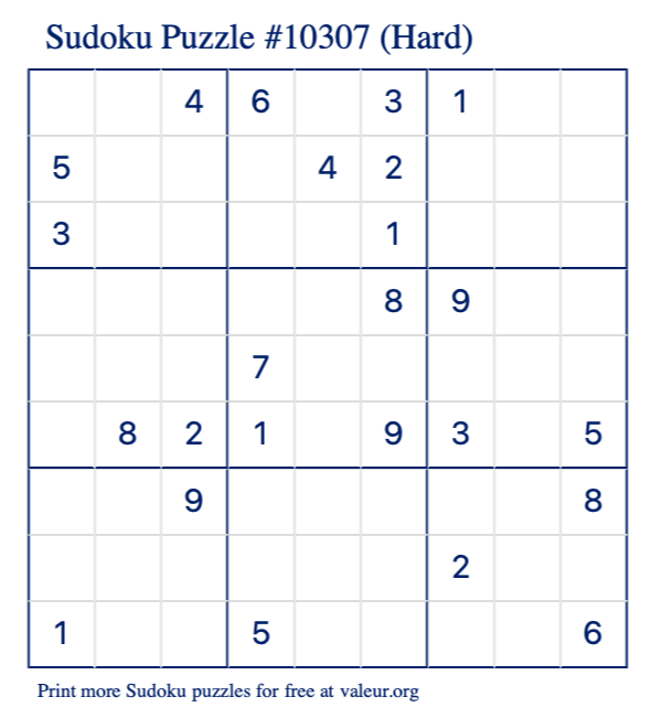 Free Printable Hard Sudoku Puzzle number 10307