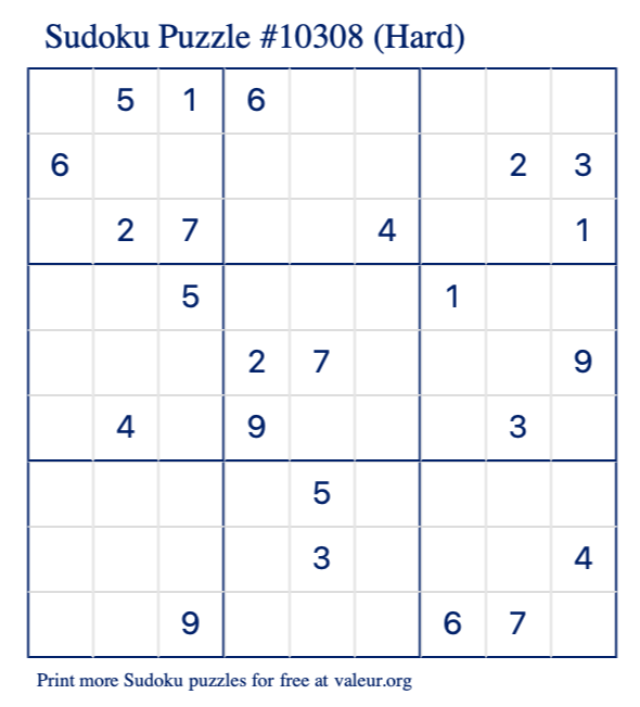 Free Printable Hard Sudoku Puzzle number 10308