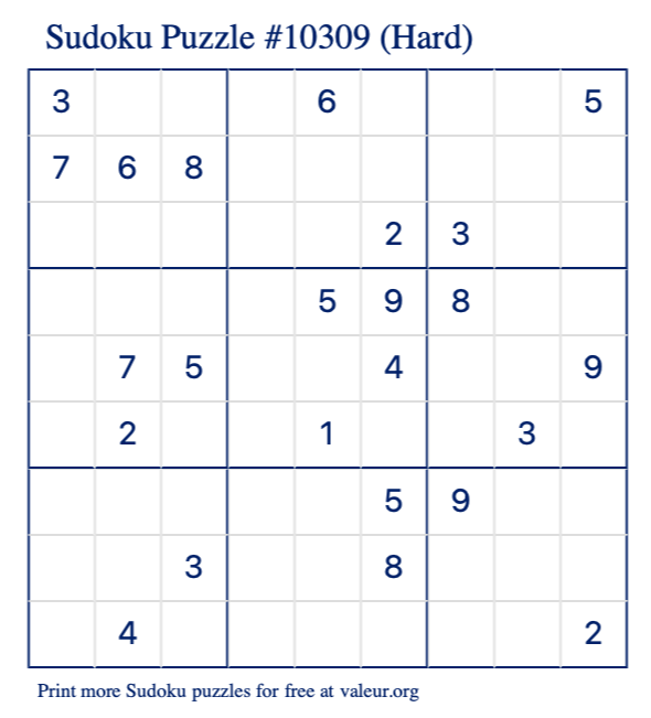 Free Printable Hard Sudoku Puzzle number 10309