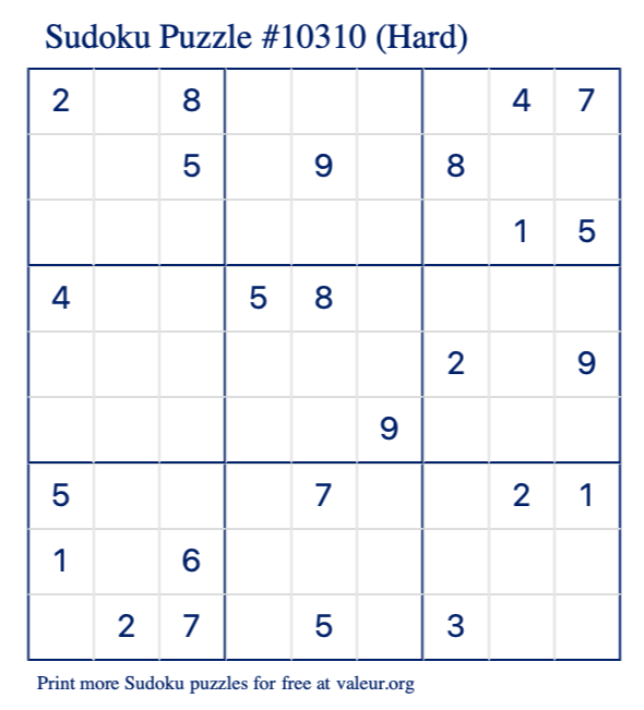 Free Printable Hard Sudoku Puzzle number 10310