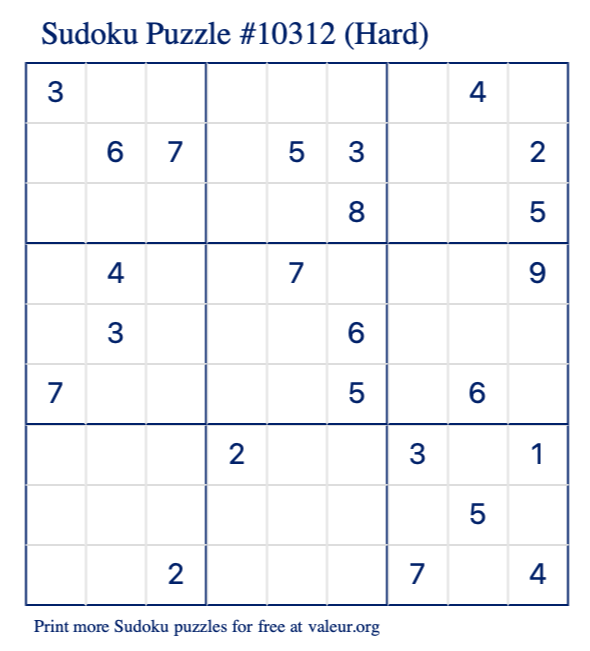 Free Printable Hard Sudoku Puzzle number 10312