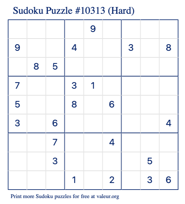 Free Printable Hard Sudoku Puzzle number 10313