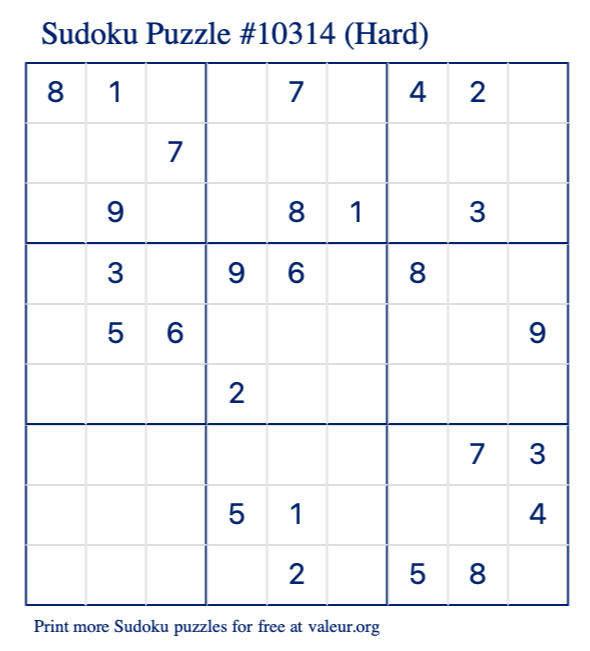 Free Printable Hard Sudoku Puzzle number 10314