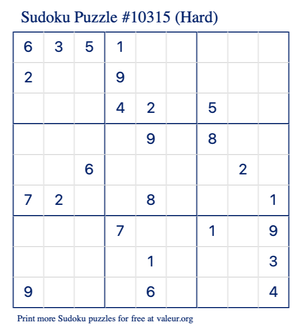Free Printable Hard Sudoku Puzzle number 10315