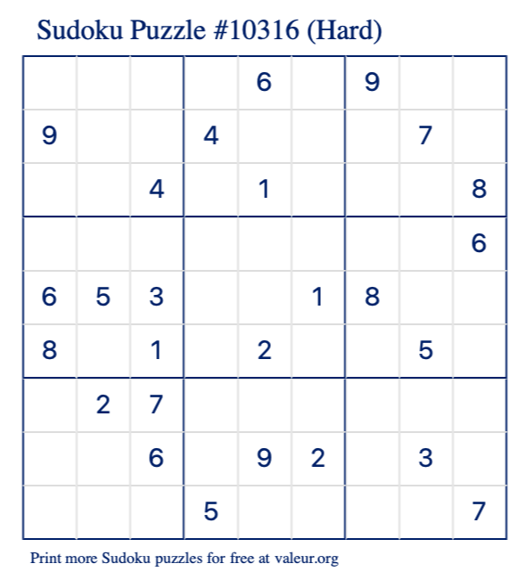 Free Printable Hard Sudoku Puzzle number 10316