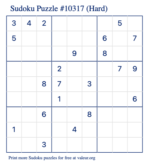 Free Printable Hard Sudoku Puzzle number 10317