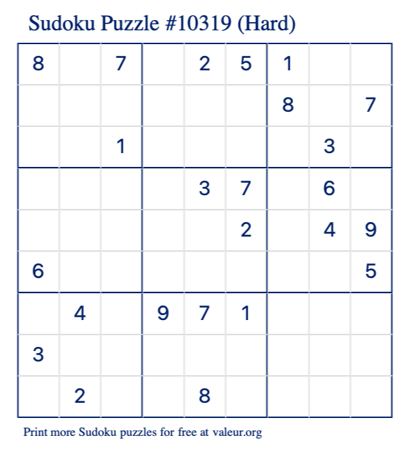 Free Printable Hard Sudoku Puzzle number 10319