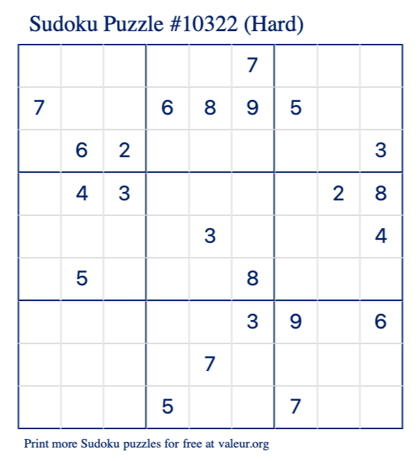 Free Printable Hard Sudoku Puzzle number 10322