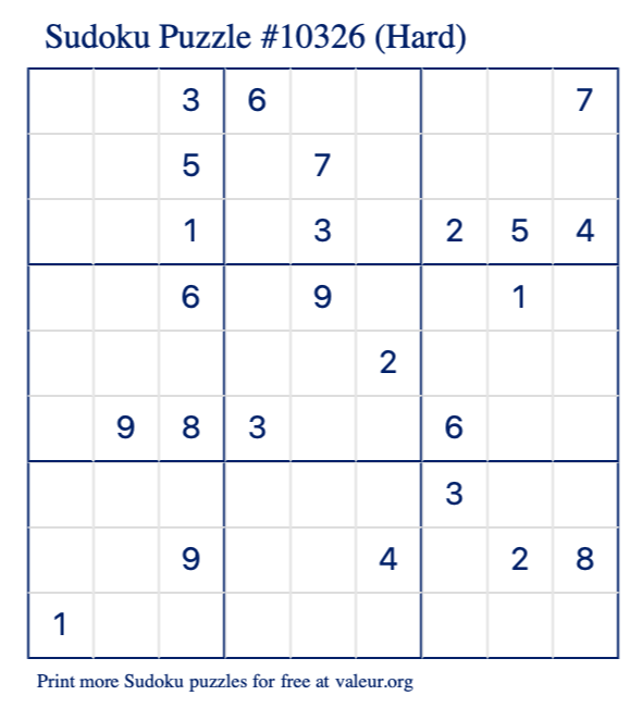 Free Printable Hard Sudoku Puzzle number 10326