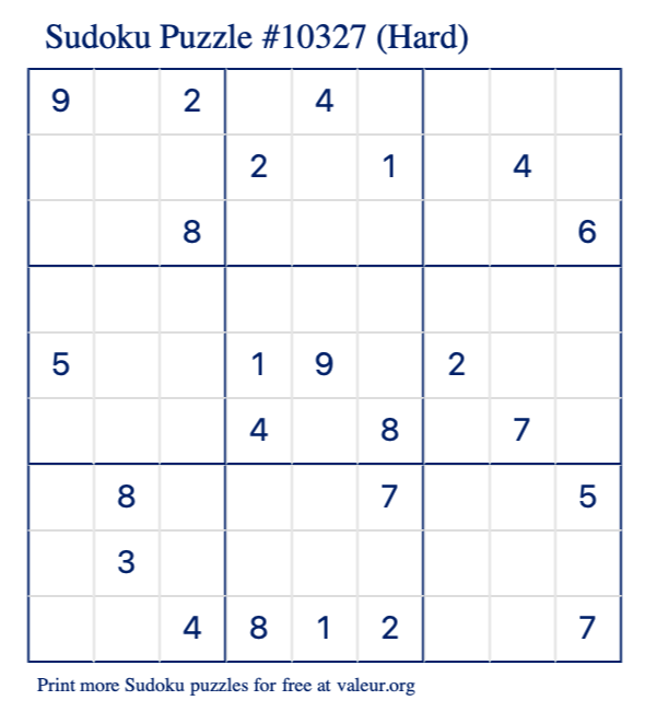 Free Printable Hard Sudoku Puzzle number 10327