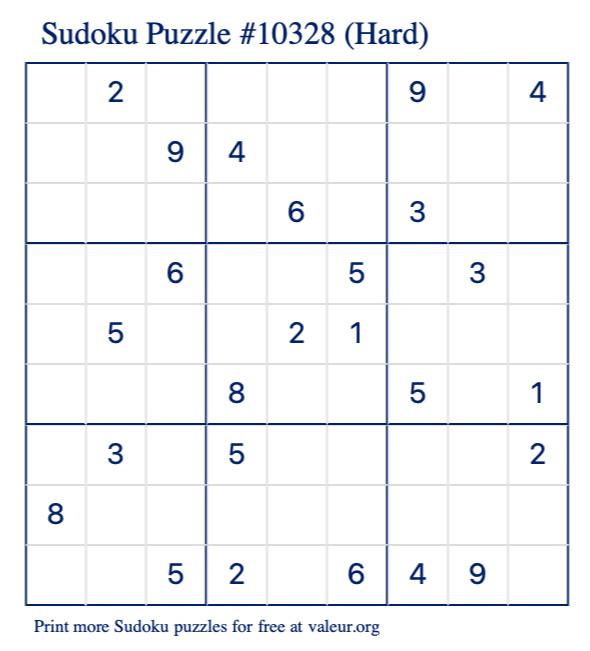 Free Printable Hard Sudoku Puzzle number 10328