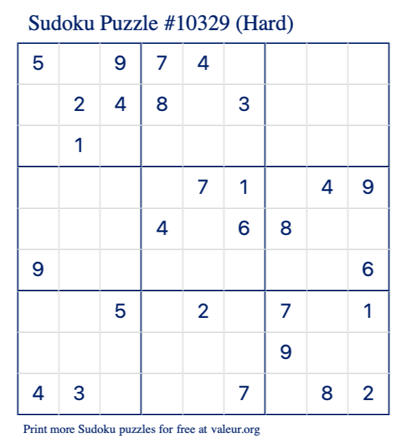 Free Printable Hard Sudoku Puzzle number 10329