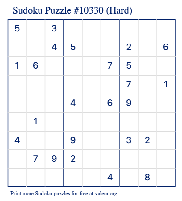 Free Printable Hard Sudoku Puzzle number 10330