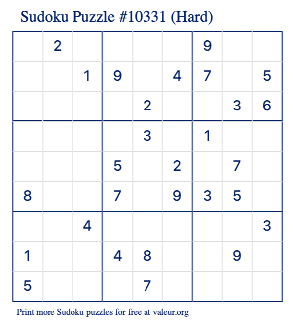 Free Printable Hard Sudoku Puzzle number 10331