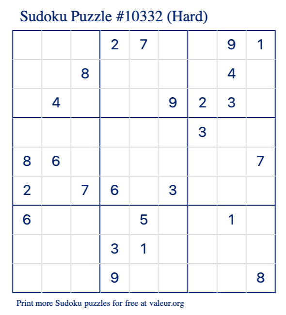 Free Printable Hard Sudoku Puzzle number 10332