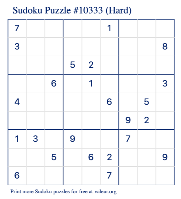 Free Printable Hard Sudoku Puzzle number 10333