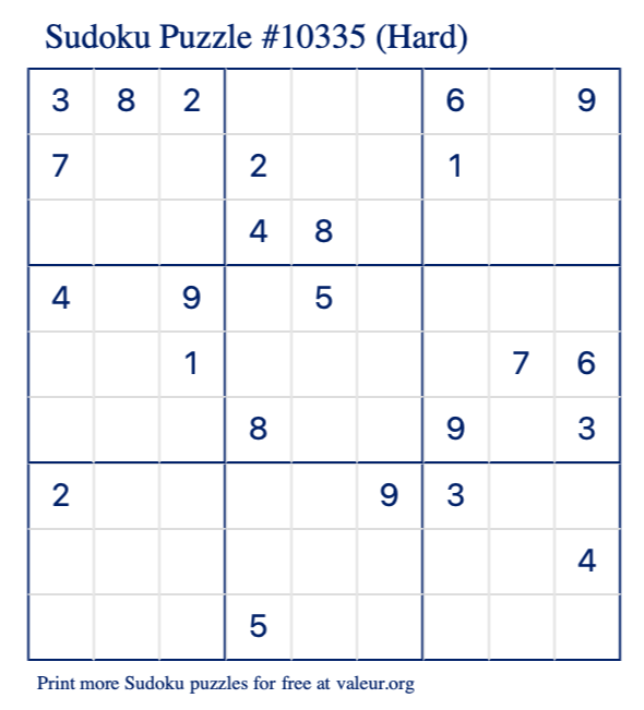 Free Printable Hard Sudoku Puzzle number 10335