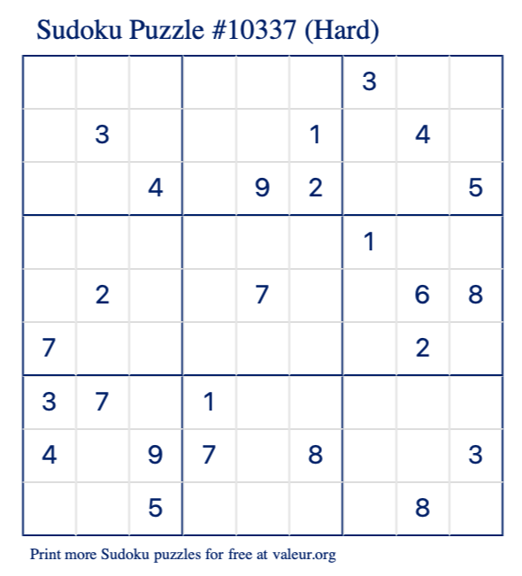 Free Printable Hard Sudoku Puzzle number 10337