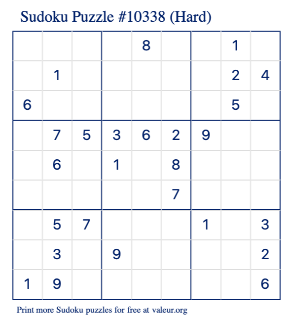 Free Printable Hard Sudoku Puzzle number 10338
