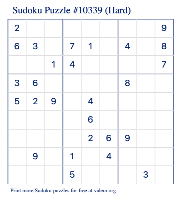 Free Printable Hard Sudoku Puzzle number 10339