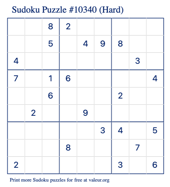 Free Printable Hard Sudoku Puzzle number 10340