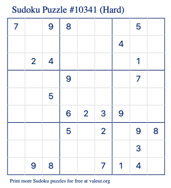 Free Printable Hard Sudoku Puzzle number 10341