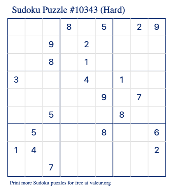 Free Printable Hard Sudoku Puzzle number 10343