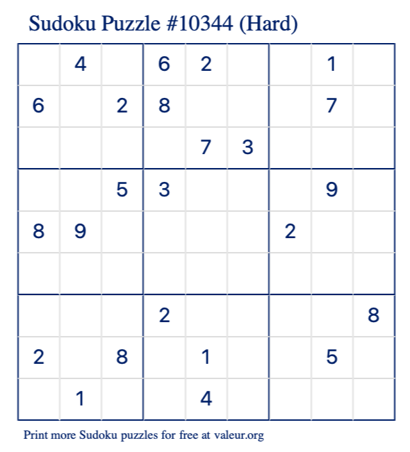 Free Printable Hard Sudoku Puzzle number 10344