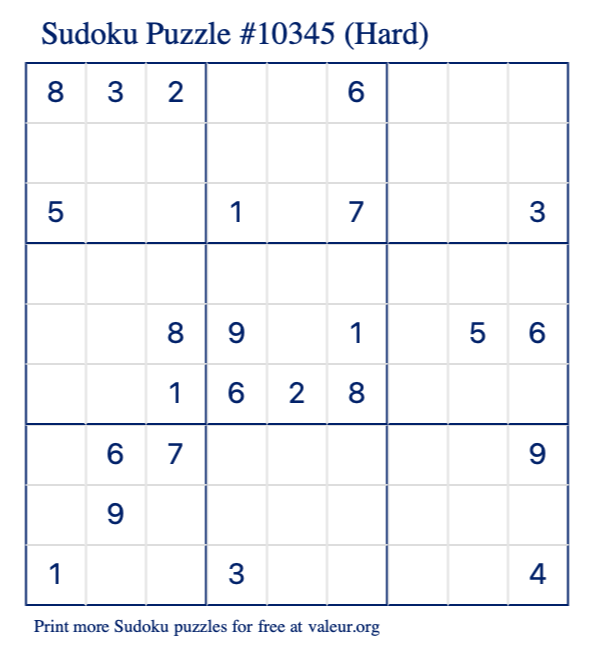 Free Printable Hard Sudoku Puzzle number 10345
