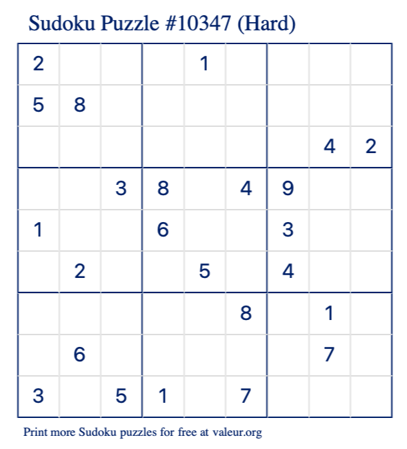 Free Printable Hard Sudoku Puzzle number 10347