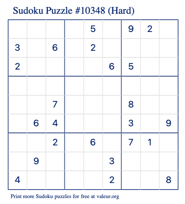 Free Printable Hard Sudoku Puzzle number 10348