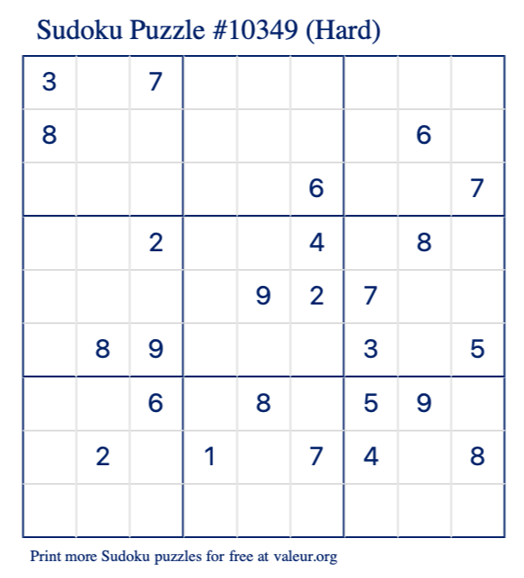 Free Printable Hard Sudoku Puzzle number 10349