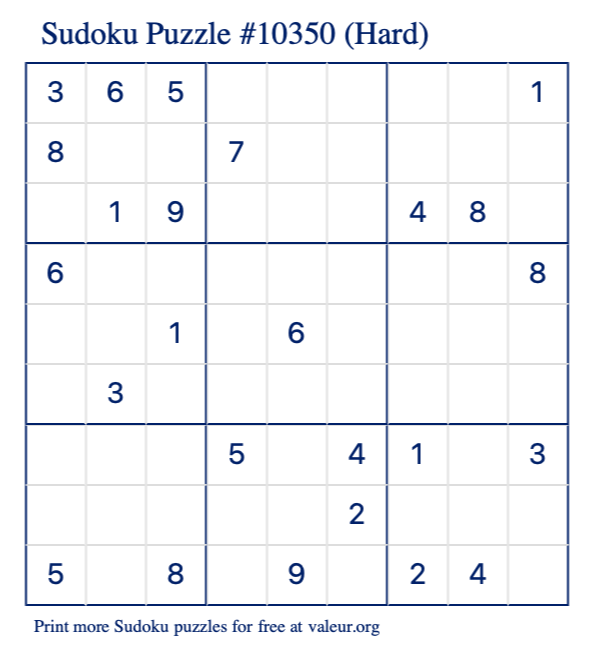 Free Printable Hard Sudoku Puzzle number 10350