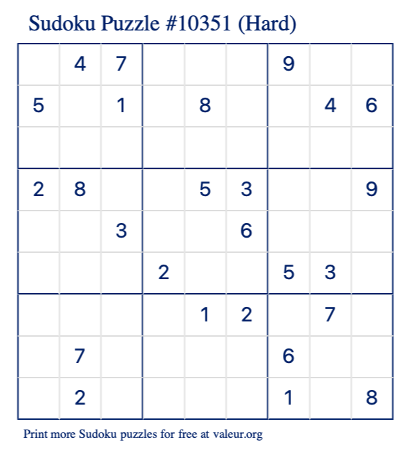 Free Printable Hard Sudoku Puzzle number 10351