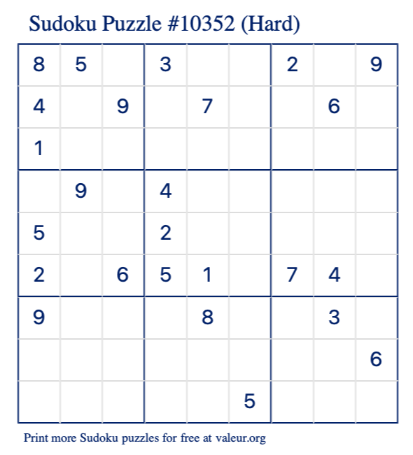 Free Printable Hard Sudoku Puzzle number 10352