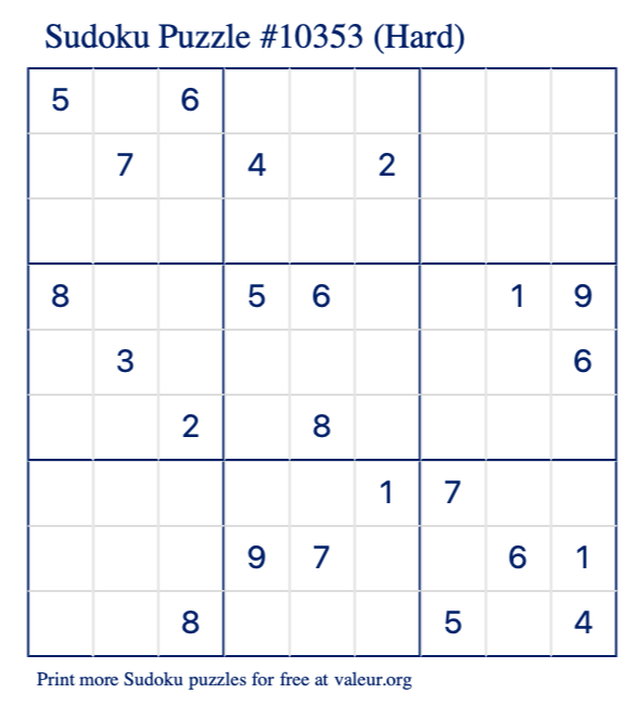 Free Printable Hard Sudoku Puzzle number 10353