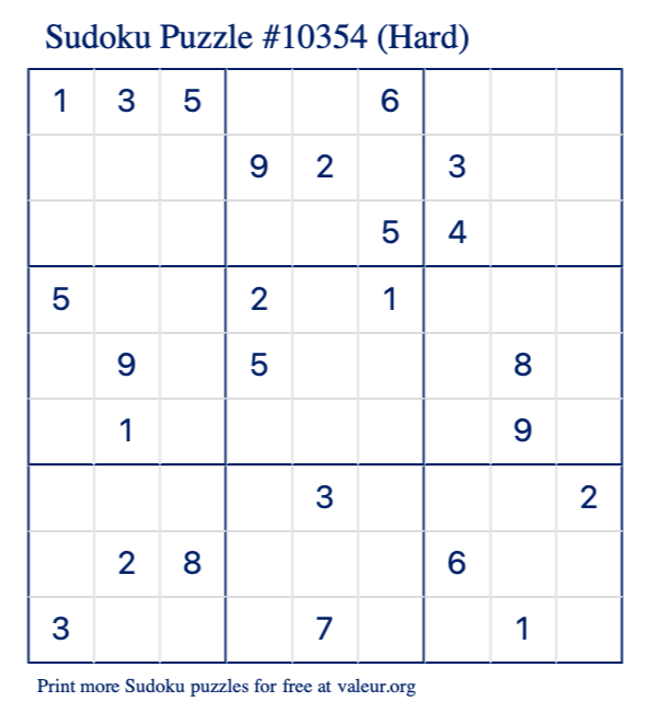 Free Printable Hard Sudoku Puzzle number 10354
